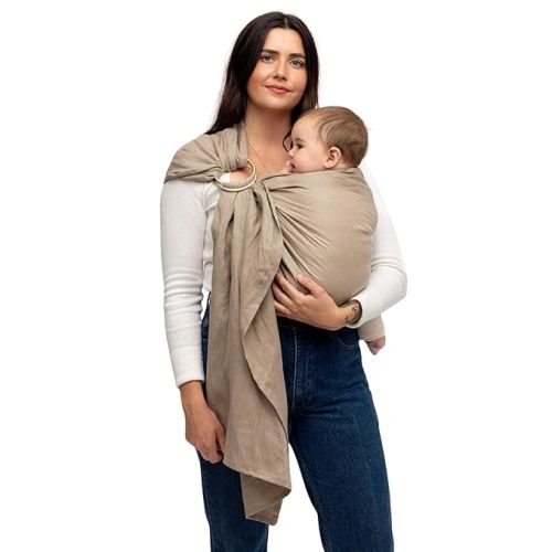 WildBird - Ring Sling Baby Carrier - 0-36 Months (up to 35 lbs) - Standard (74") Desert Lark & Gold Ring - Front, Hip or Back Carry - Adjustable Fit - Natural Linen - Baby Essentials - New Mom Gifts