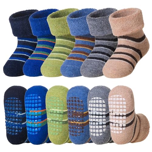 DoSmart Baby Toddler Non Slip Socks Infant Boys Girls Warm Thick Wool Ankle Crew Winter Socks with Grippers 6 Pairs
