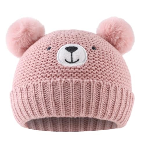 Cute Bear Baby Beanie Pompom Baby Boys Hat Winter Knitted Beanies for Girls | Cotton Lined,Skin-friendly, Slight Elastic,4 size for 0-2 Years newborn infant toddler, double layer warmth,home/outdoor wear