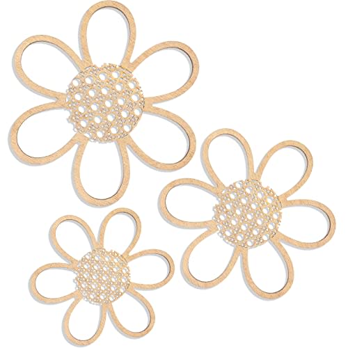 Maitys 3 Pieces Boho Daisy Wall Decor Natural Rattan Flower Wall Hanging Art Wooden Boho Nursery Flowers Decor for Home Nursery(Classic Color)