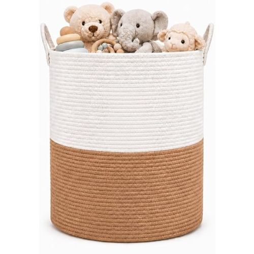 Baby Laundry Basket & Nursery Hamper, 15"D x 20.9"H Tall Cotton Rope Woven Laundry Hamper with Handles for Baby Clothes, Toys & Blankets, Teddy Bear Nursery Decor for Bedroom & Kids Room, White & Jute
