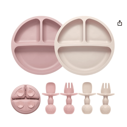 Silicone Feeding Set, 2 Pack Divided Toddler Plates with Suction - Pink