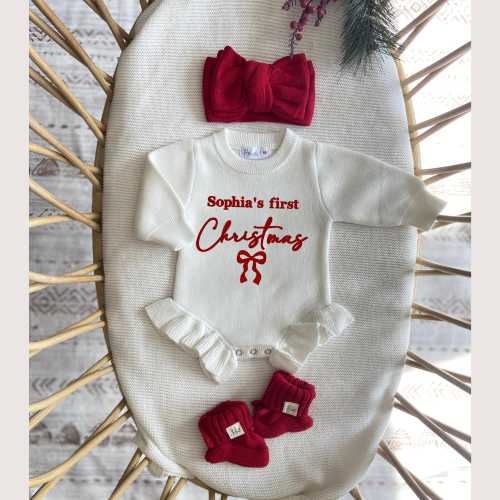 Embroidered First Christmas Knit Romper, Baby Girl Outfit
