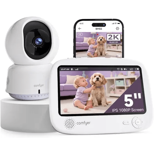 Hybrid Video No WiFi & Smart WiFi Baby Monitor - 5" 1080P Split Screen & 2K Camera App Control, Motion Alerts, Sound Detection, HD Night Vision, 5050mAh Battery,Triple Security, 1600ft Range