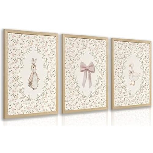 PORENY Baby Girl Nursery Wall Art Set of 3, Pink Bow Rabbit Goose Canvas Prints, Cute Floral Nursery Decor, Vintage Neutral Animal Artwork for Girls Room Kids Bedroom Wood Framed 12x16 Inch