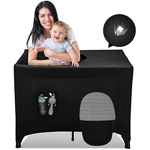 Poudee Pack n Play Blackout Cover Travel Crib Blackout Cover Breathable Blackout Tent for Travel Crib Portable Stretchy Netting Cover