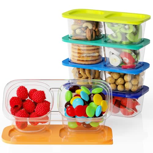 Reusable Snack Containers with Lids for Kids-Gemstone Bright 5 PACK, [UNIQUE DESIGN 2-COMPARTMENT] BPA-Free/Microwave/Dishwasher Safe, Snack Bowls Container for On-the-Go Meals,Camping and Travel