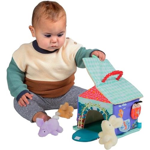 Manhattan Toy Cottontail Cottage Fill and Spill Baby and Toddler Sensory Activity Toy with 3 Stuffed Animal Bunny Rattles