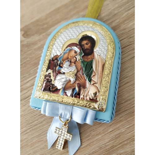 Blue Holy Family Icon Crib Hanging, Catholic Baby Gift