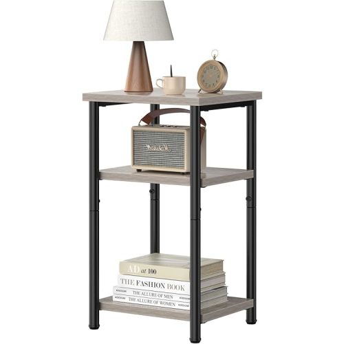 DUMOS End Table, 3 Tier Side Sofa Tables for Small Space, Storage Shelf, Nightstand with Adjustable Feet for Living Room, Bedroom, Office, Set of 1, Oak Grey