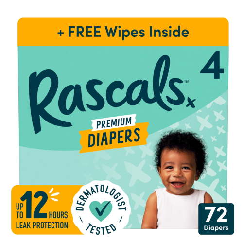 Rascals Premium Absorbent Baby Diapers Size 4, 72 Count, with 5 Sensitive Infant Wipes