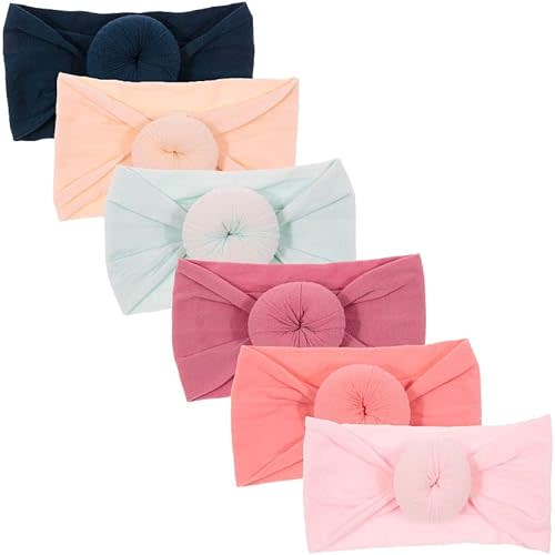 Nishine 6 Pack Cute Toddler Baby Girls Elastic Soft Nylon Headwraps Infant Knot Bow Headband Turban (Set 1)