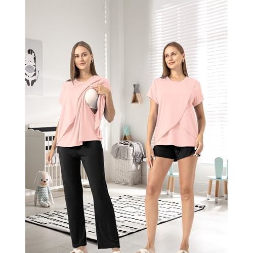 Rnxrbb 3 Piece Postpartum Nursing Pajamas Set Casual Soft Maternity Breastfeeding Pjs Sleepwear Loungewear Clothes Layer