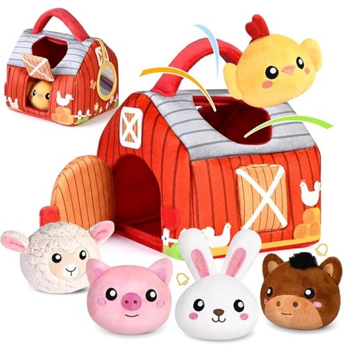Baby Toys 0-6 6-12 Months, Plush Big Red Barn with Farm Animals, Soft Sensory Toys with Crinkle, Rattles for 0-3-6-9-12 Month Newborn Infant, Christmas Easter Birthday Gifts for Baby Boys Girls