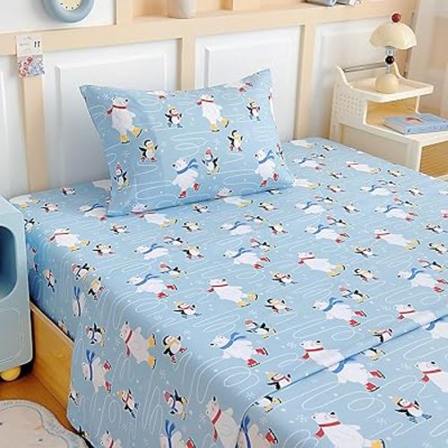 Twin Sheets Set Kids - 3 Piece Sheets for Boys, Girls, Teens, Toddler, Easy Fit Deep Pockets, Breathable, Wrinkle-Free, Cozy Soft Cartoon Print Cute Bed Sheets, Penguin Skiing
