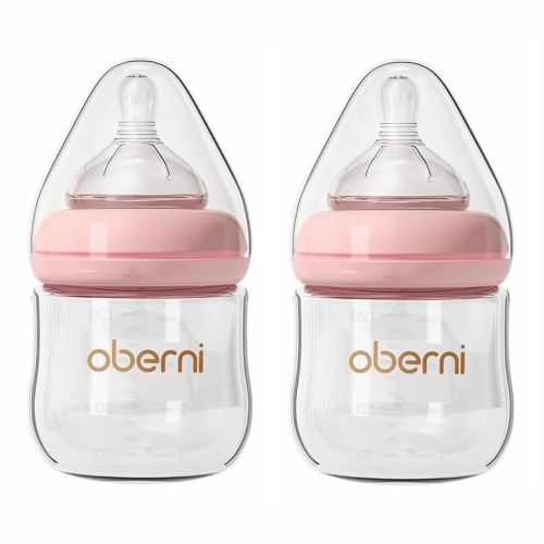Glass Baby Bottles,Anti Colic Breastfeeding Bottle with Natural Response Nipple Size S,Wide Neck Slow Flow Baby Bottle for Baby,Newborn,Preemie 0-3 0-6 Month,BPA Free (Pink, 2 Pack, 4 Ounce)