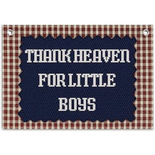 KDHTY Boys Nursery Decor,Thank Heaven for Little Boys Linen Banner,Baby Shower-Gift,Vintage Canvas Wall Hanging,Navy Blue Baby Room Decoration,Blue Gingham Wall Art Hanging for Toddler 20x30 Inch