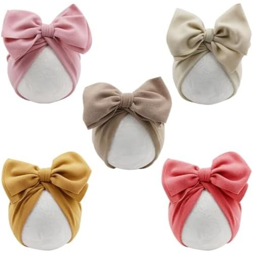 DRESHOW BQUBO 5 PCS Baby Cotton Hats Big Bow Knotted Headwrap Turban Baby Infant Beanie Baby Girl Soft Toddler Cap for Winter