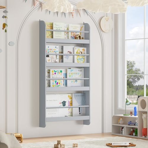 FOTOSOK Kids Bookshelf, Wall Mount 4-Tier Book Shelf Organizer for Toys and Books, Toy Storage Bookshelf in Bedroom, Living Room and Nursery, Grey