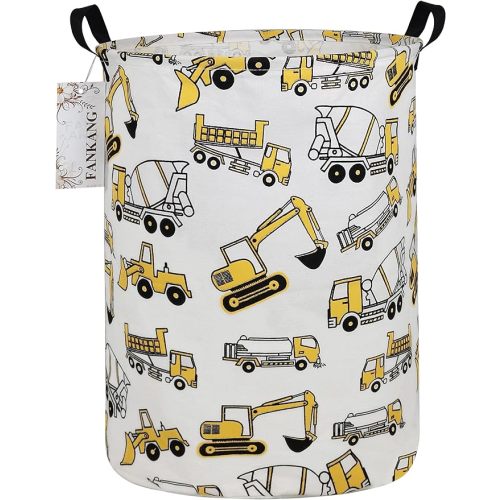 Storage Basket, Nursery Hamper Canvas Laundry Basket Foldable with Waterproof PE Coating Large Storage Baskets for Kids Boys and Girls, Office, Bedroom, Clothes,Toys（excavator）