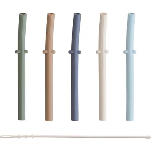 mushie Silicone Replacement Straws for Babies 6 months+ | 5 Pack | 4.75" Long with Cleaning Brush (Forest)