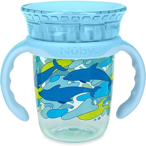 NUBY 360 Edge 2 Stage Drinking Rim Cup with Removable Handles & hygienic Cover: 8 Oz/ 240 Ml, 12M+, Dolphins, Aqua