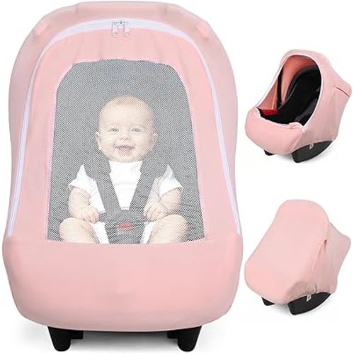 Baby Girl Car Seat Cover with Mesh Window, Breathable Carseat Canopy, Windproof Summer Sun Shade, Infant Carrier Stroller Covers, Stretchy Universal Fit (Pink)