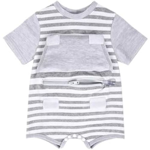 Short-Sleeve Striped Romper Baby Boys G-Tube Bodysuit NICU/PICU Port-Friendly Adaptive Clothing for Toddler