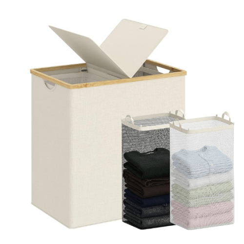 efluky Laundry Hamper with Lid, Double Laundry Hamper with 2 Removable Bags, 2 Section Laundry Basket with Bamboo Handles for Bathroom, Bedroom & Laundry Room, 140L (36.9 Gallon) Beige