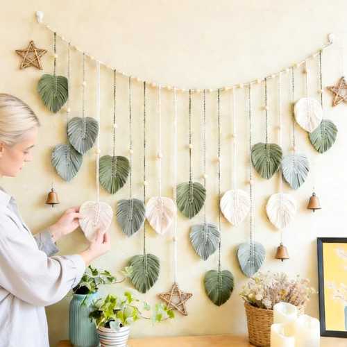 Handmade Macrame Leaf Garland, Boho Cotton Wall Hanging with Wooden Beads, Nursery Bedroom Decor, Bohemian Art
