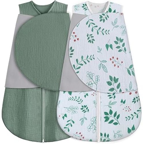 BSTOPPT Newborn Sleep Sack Baby Swaddle,100% Muslin Cotton,3-Way Adjustable Wearable Blanket,Swaddling Sleeping Bag (2, Green & Leafy Cherry, 3-6 Months)