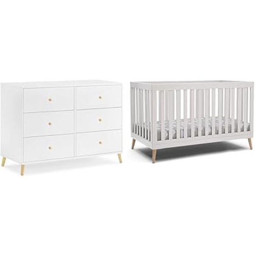 Delta Children Essex 6 Drawer Dresser and 4-in-1 Convertible Crib, Bianca White/Natural