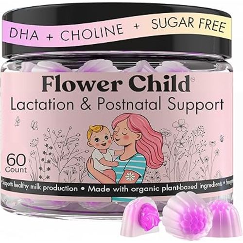 Flower Child Breastfeeding Gummies for Milk Production with Organic Moringa, Milk Thistle, Choline & DHA, Lactation Supplement Postnatal Recovery Vitamins, Fenugreek Free, Vegan, 60 Count