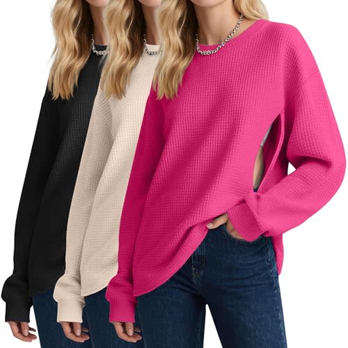 Oakgarden 3 Pack Women's Oversized Nursing Tops, Waffle Knit Breastfeeding Zipper Sweatshirt Long Sleeve Maternity Shirts