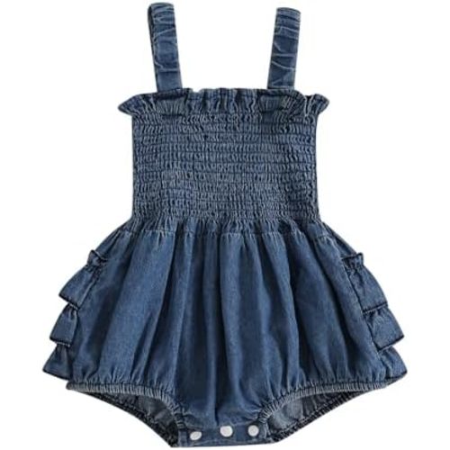 BULINGNA Newborn Baby Girl Outfits Sleeveless Bow Tie Up Front Smocked Bubble Romper Infant Denim Jumpsuit