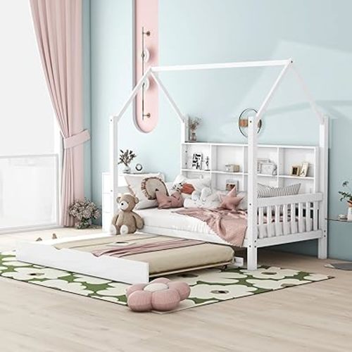 Bellemave Twin Size House Beds with Trundle and Storage Shelves, Wood Kids House Bed, Kids Montessori Playhouse Bed for Girls Boys Teens, White