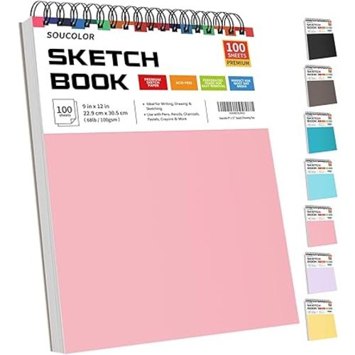 Soucolor Cute Sketch Book 9" x 12" for Teen Girls,Sketchbook 100 Sheets Spiral Notebook Drawing Pad, Pastel School Supplies for Artists, Arts and Crafts Gifts Set for Kids,Women