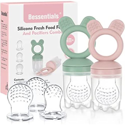 Baby Fruit Food Feeder Pacifier - 2 Packs Silicone Fresh Fruit Feeder BPA Free [3 Sizes Silicone Food Pouches Included] (Light Pink & Grass Green)