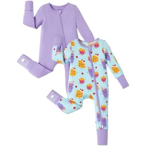 PATPAT Baby Footie Romper, Viscose from Bamboo, Long Sleeve, 2-Way Zipper, Fold-Over Mittens, Cuffs & Anti-Slip Grips