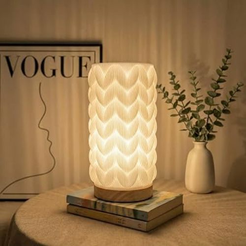 Small Bedside Lamp for Nightstand, 3D Printed Mini Table Lamp, 3 Color Temperatures Warm to Cool White, Cozy Small Lamp for Bedroom Dorm Tight Spaces, Ash Wood Base, 8.8 Inch Tall - Honeycomb