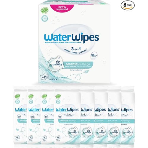 WaterWipes Sensitive+ On The Go Wipes, 3-In-1 Cleans, Cares, Protects, 99.9% Water, Unscented & Hypoallergenic Wet Wipes, 224 Count (8 Packs)