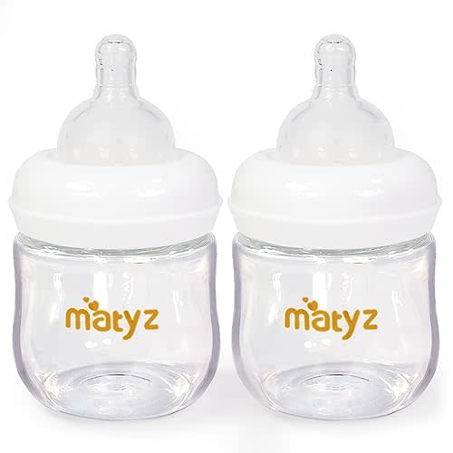Matyz 2-Pack Glass Baby Breastfeeding Bottles With Caps (White, 4Oz) - Wide Neck New Born Bottles For Baby Breastfeeding - Breastfeeding Bottles For Newborn Babies - 4 Oz Glass Baby Bottles 0-3 Months