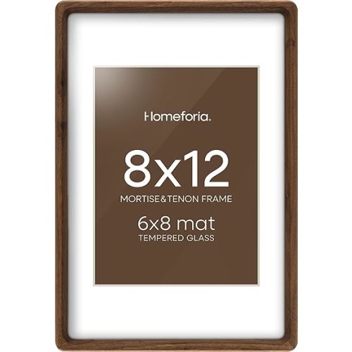 Homeforia 8x12 Picture Frames Brown Wood, Mortise & Tenon Dark Wooden 8 x 12 Photo Frame with Mat 6 x 8 for Wall or Tabletop, 8by12 Walnut Frame Matted to 6x8 Print, Tempered Glass, Wall Kit, Set of 1