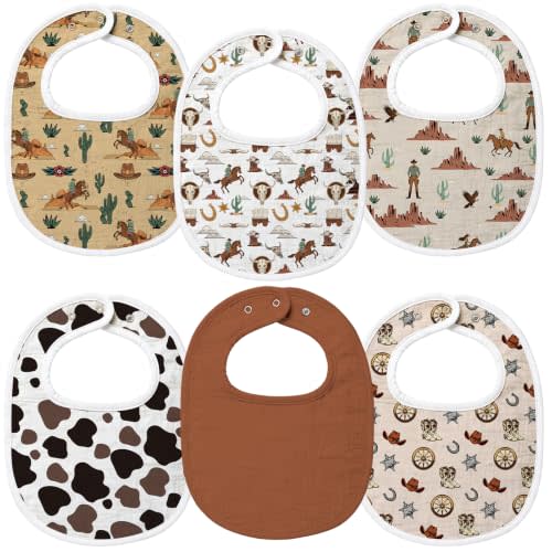 Cuffbow 6 Pack Western Cowboy Bibs, Cotton Muslin with Adjustable Snaps | Triple Layer Soft Absorbent for Babies, Cow Print Cactus Theme, Baby Shower Set Nursery Essentials