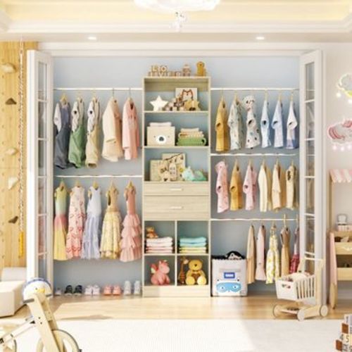 Aheaplus Closet Organizer with 2 Wooden Drawers, Walk-in Closet System with 5 Hang Rods & shelves