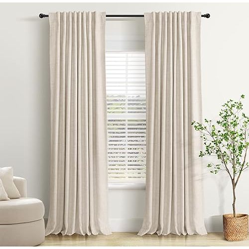 INOVADAY 100% Blackout Curtains 63 Inches Length 2 Panels Set, Back Tab/Rod Pocket Linen Black Out Curtains for Bedroom, Thermal Insulated Window Drapes - Cream, W50 X L63