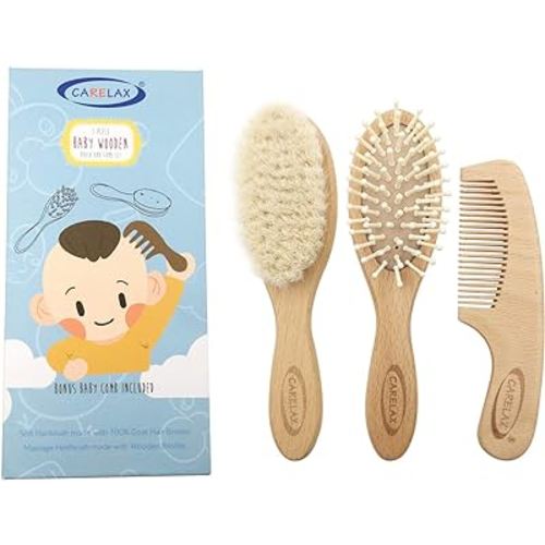 Baby Hair Brush & Comb Set, Organic Wooden Hairbrush Natural Goat Bristles 3-Piece for Newborns & Toddlers, Ideal for Cradle Cap & Itching, Perfect Shower and Registry Gift for Infant, Toddler, Kids