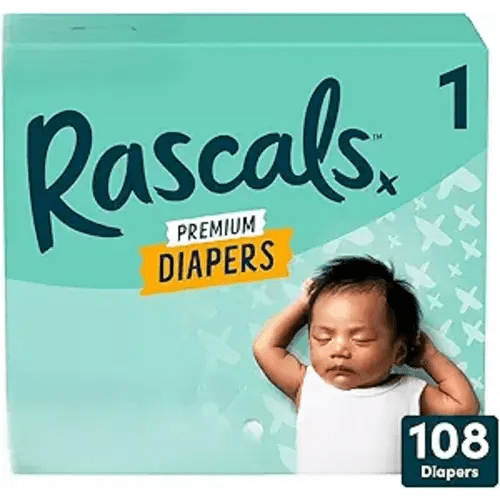 Rascals Premium Absorbent Baby Diapers with Deep Pocket and Triple Leak Guards for Blowout Protection (1-108ct)