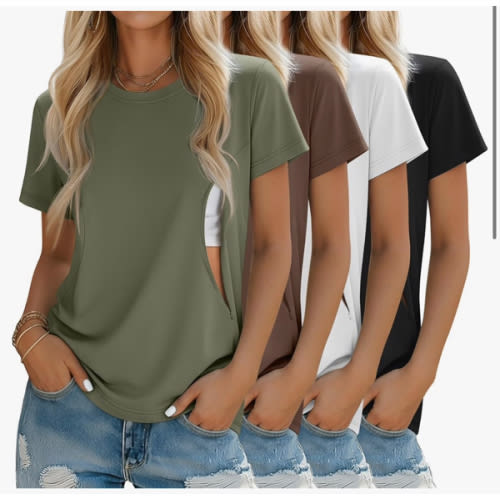 4 Pack Women's Nursing Breastfeeding Shirts with Zipper Loose Fit Short Sleeve Maternity Top Nursing Clothes