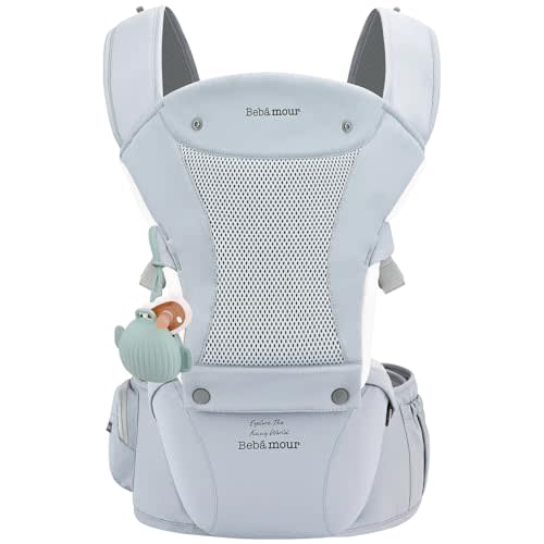 Bebamour Baby Carrier with Hip Seat,All-Position Breathable Mesh Hip Seat & Carrier 0-36Months with Head Hood, 3 PCS Teething Pads, Waist Extender,Storage Bag & Pacifier Case (Blue)